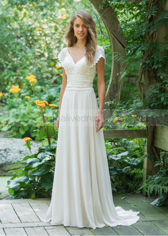 V Neck Ivory Lace Chiffon Empire Waist Wedding Dress